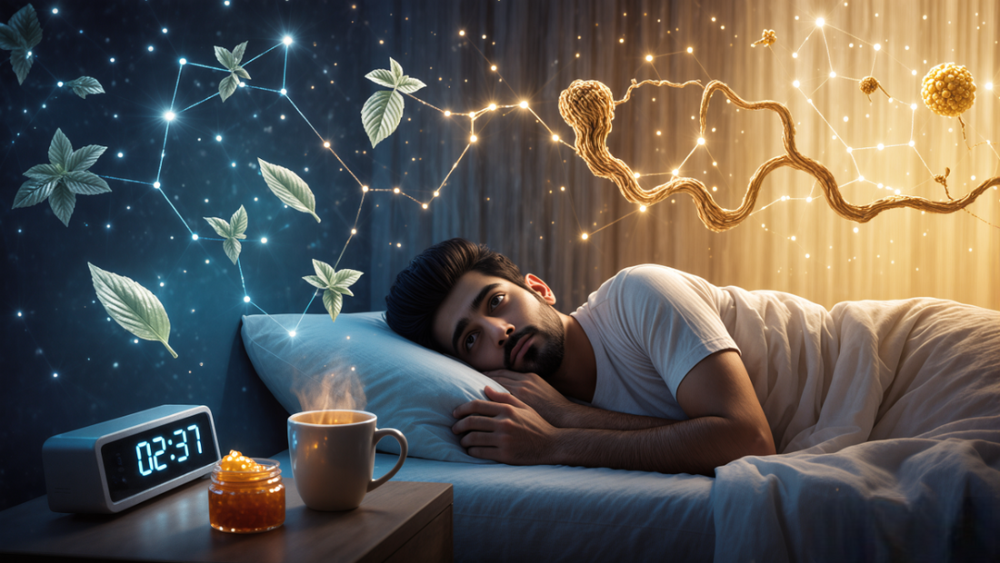 A stressed person lying awake in bed under the night sky, looking frustrated due to sleepless nights, with a glowing Ayurvedic herbal aura symbolizing natural deep rest routine.
