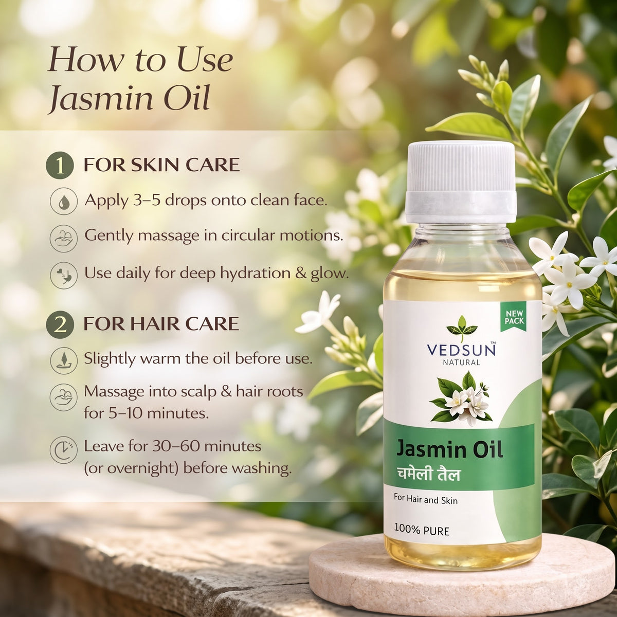 Natural Jasmine Essential Oil | Pure Floral Oil for Skin Glow & Relaxation 50ml (by vedsun)