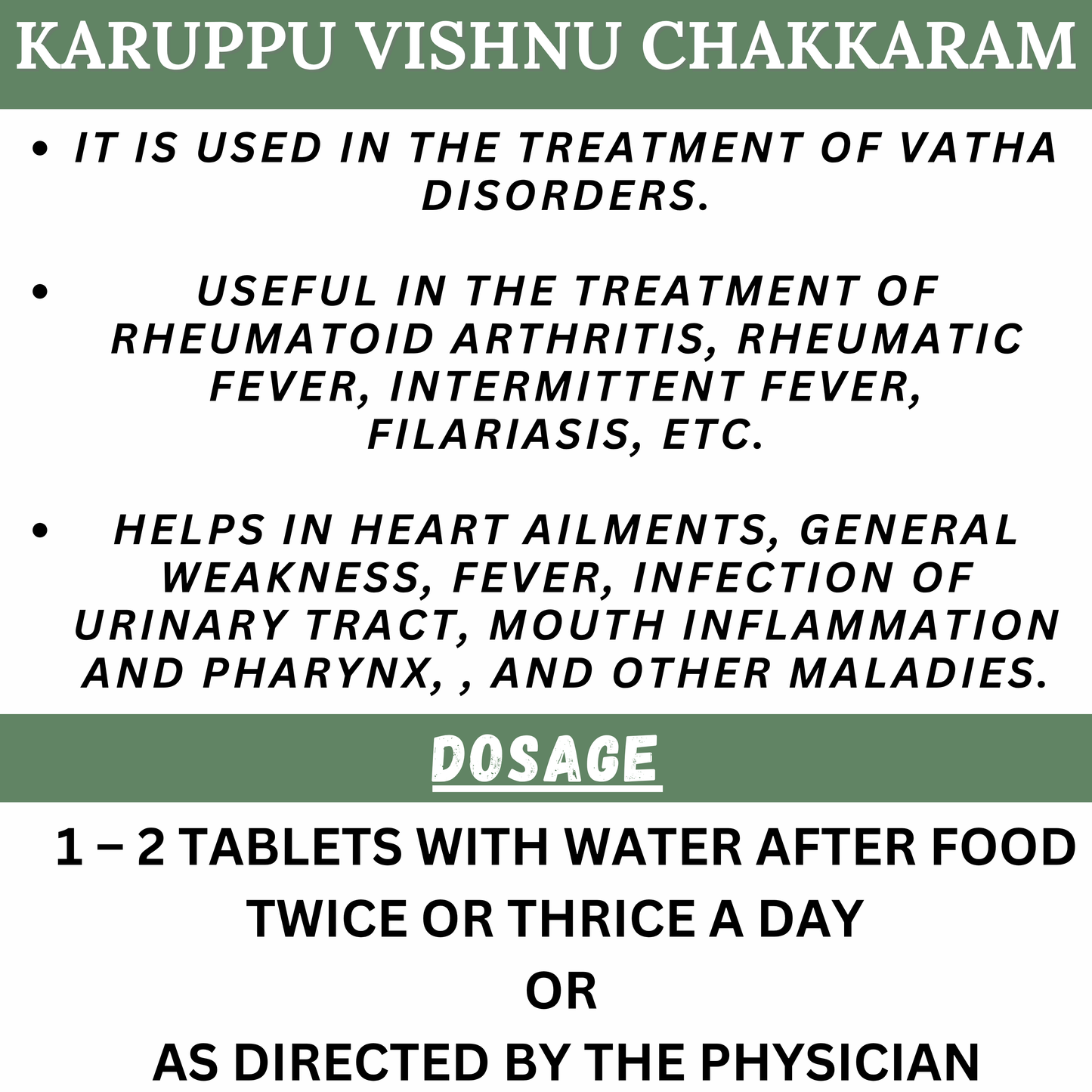 "Ayurvedic treatment for Vata-related disorders, joint pain, rheumatoid arthritis, and fever – SKM Karuppu Vishnu Chakkaram Tablets"