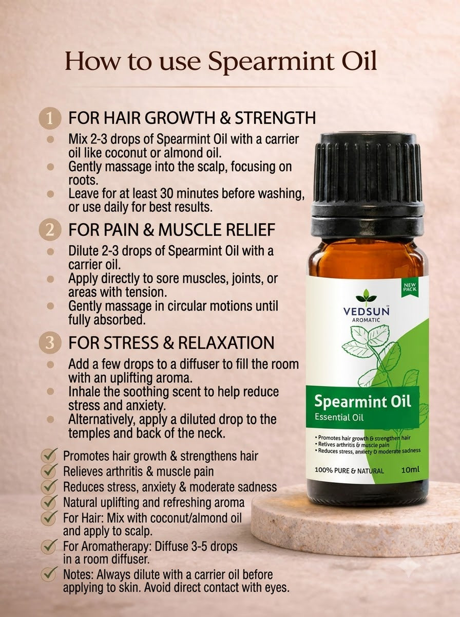 Spearmint Essential Oil (10ml) Natural for Hair & Pain Relief ( by vedsun )
