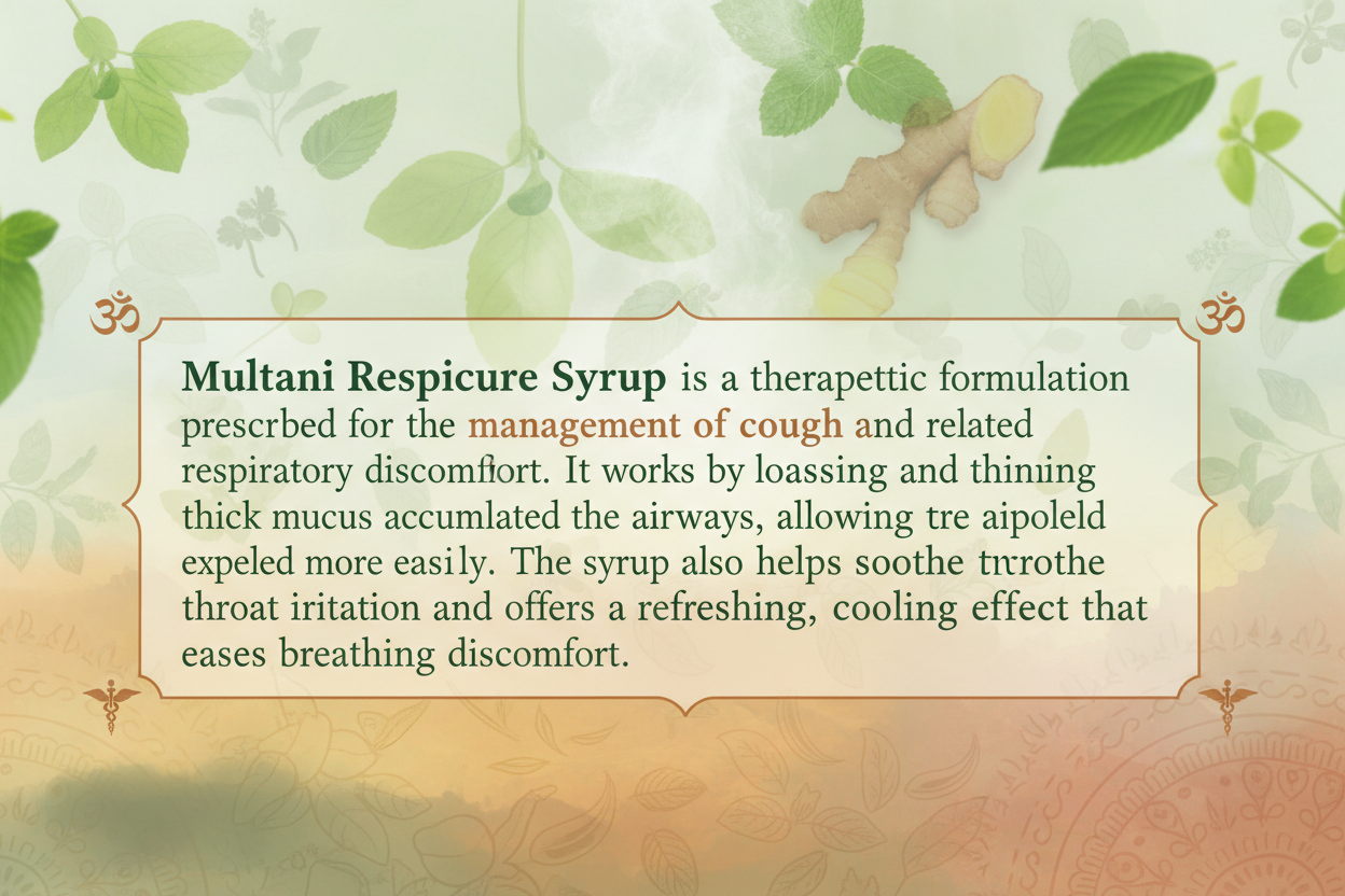 against a beautifl background just write this text "Multani Respicure Syrup is a therapeutic formulation prescribed for the management of cough and related respiratory discomfort. It works by loosening and thinning thick mucus accumulated in the airways, allowing it to be expelled more easily. The syrup also helps soothe throat irritation and offers a refreshing, cooling effect that eases breathing discomfort."
