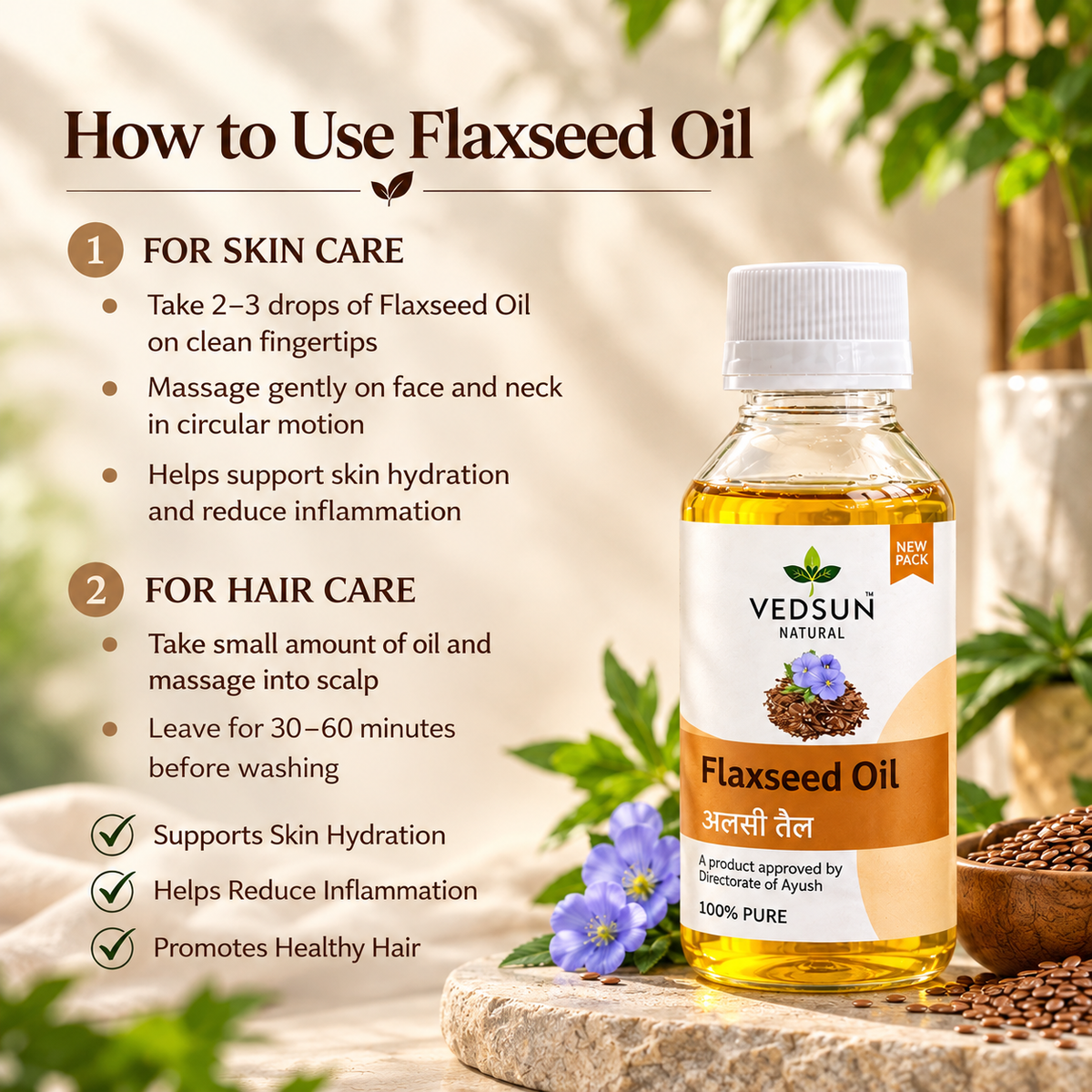 Vedsun Flaxseed Oil – 100% Pure Natural Oil for Hair, Skin & Wellness 100ml