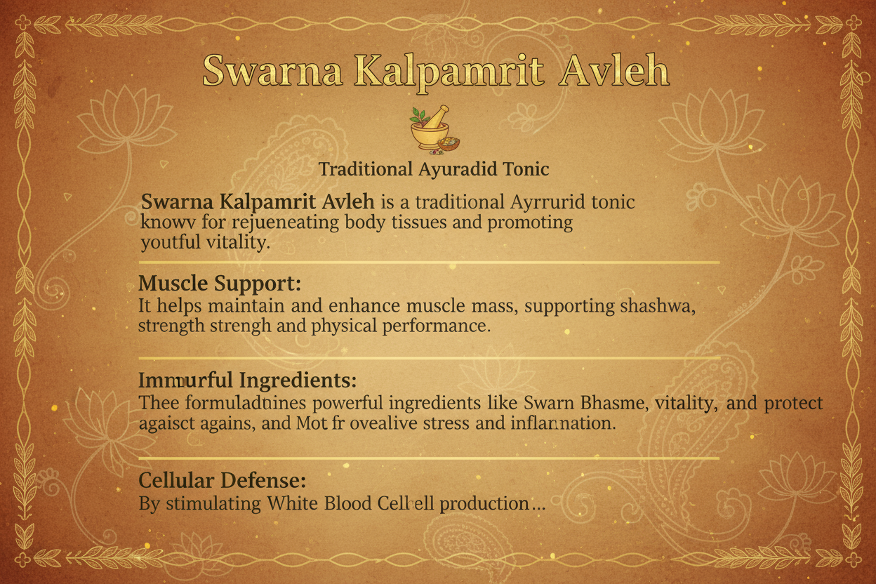 just write this text: " Swarna Kalpamrit Avleh is a traditional Ayurvedic tonic known for rejuvenating body tissues and promoting youthful vitality.
It helps maintain and enhance muscle mass, supporting strength and physical performance.
The formulation combines powerful ingredients like Swarn Bhasma, Makkardwaj, Keshar, and Moti for overall health benefits.
These ingredients boost immunity, enhance vitality, and protect against oxidative stress and inflammation.
By stimulating White Blood Cell production'