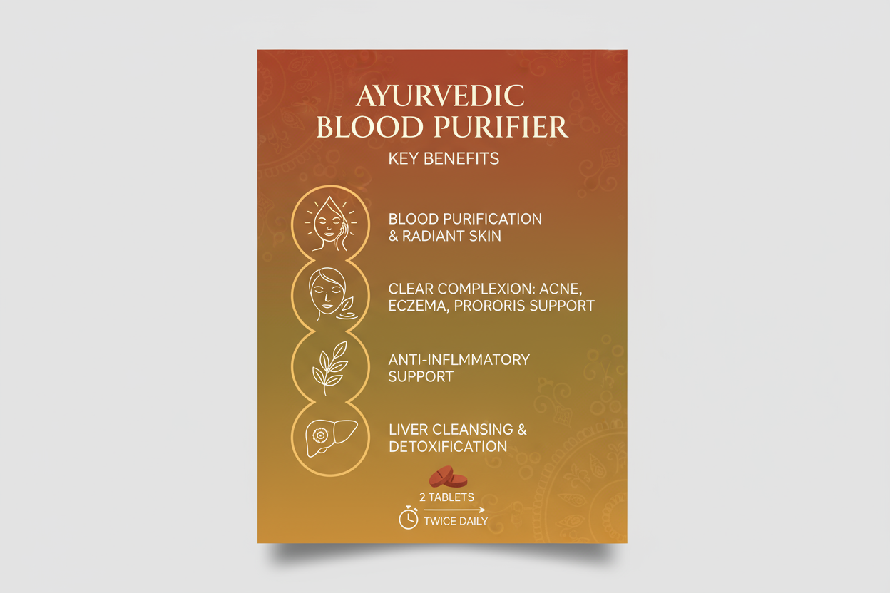 Key functions and benefits
Blood purification: Cleanses the blood and removes toxins, which can help in achieving clearer and more radiant skin.
Skin health: Beneficial for various skin problems, including acne, blemishes, eczema, psoriasis, and pigmentation.
Anti-inflammatory: Helps reduce skin inflammation and allergies.
Detoxification: Aids in removing toxins from the body and supports liver. Dosage: Typically, 2 tablets are taken twice a day with water, or as advised by a healthcare professional.