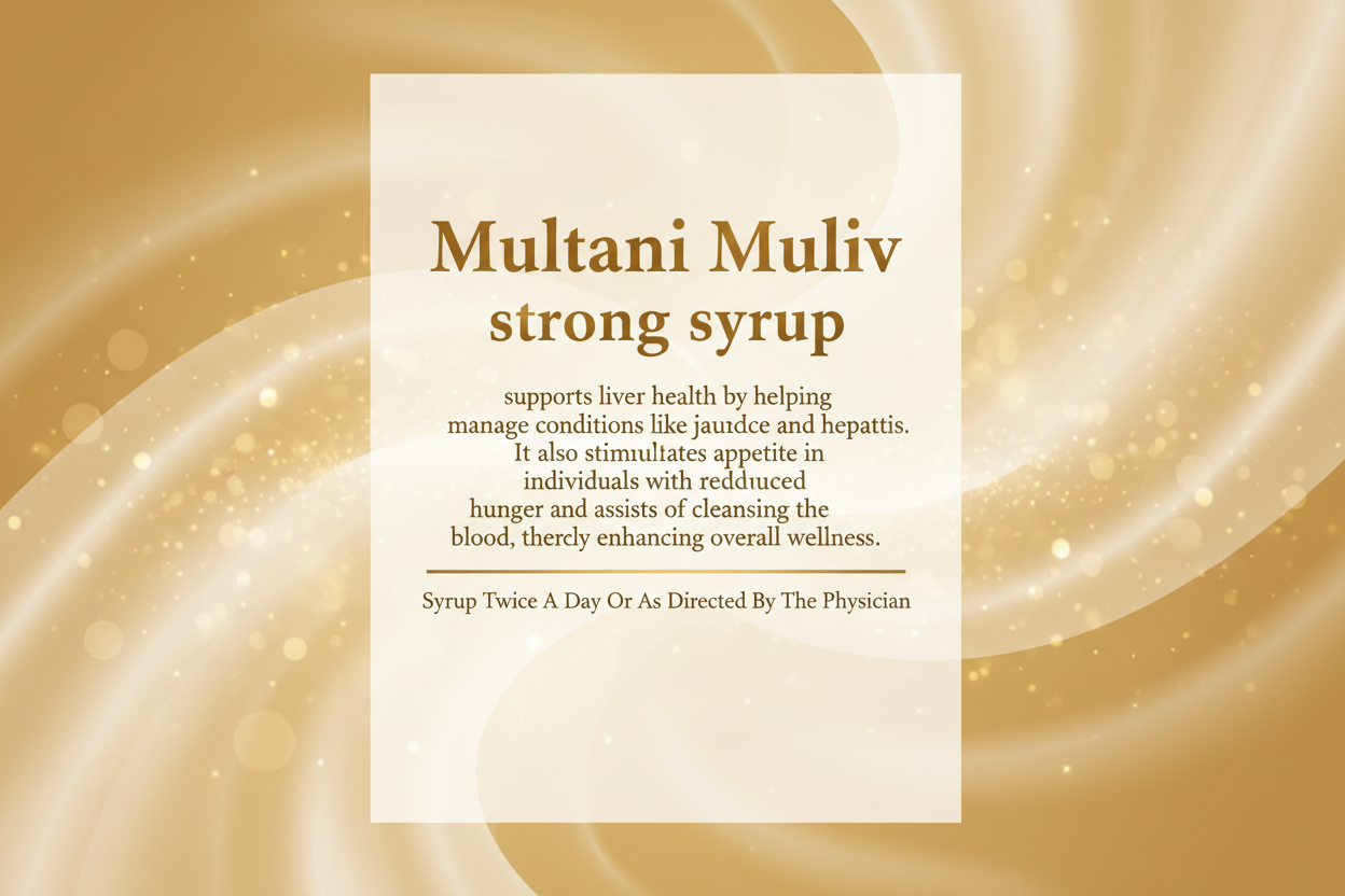 on a light glamorous background just write this text :"Multani Muliv strong syrup supports liver health by helping manage conditions like jaundice and hepatitis. It also stimulates appetite in individuals with reduced hunger and assists in cleansing the blood, thereby enhancing overall wellness.
Syrup Twice A Day Or As Directed By The Physician."