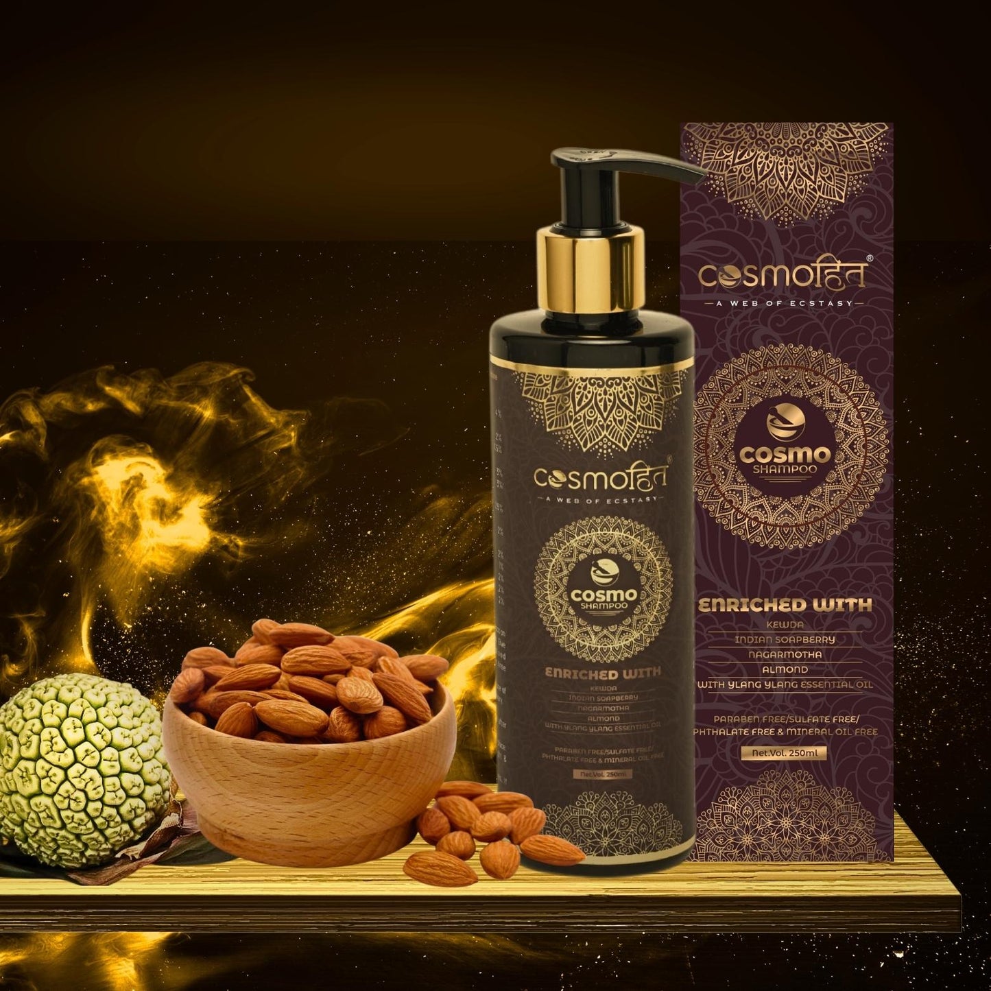 COSMO SHAMPOO (250- ML), Enriched with KEWDA, INDIAN SOAP BERRY, YALANG YALANG ESSENTIAL OIL, ALMONDS and HIBISCUS