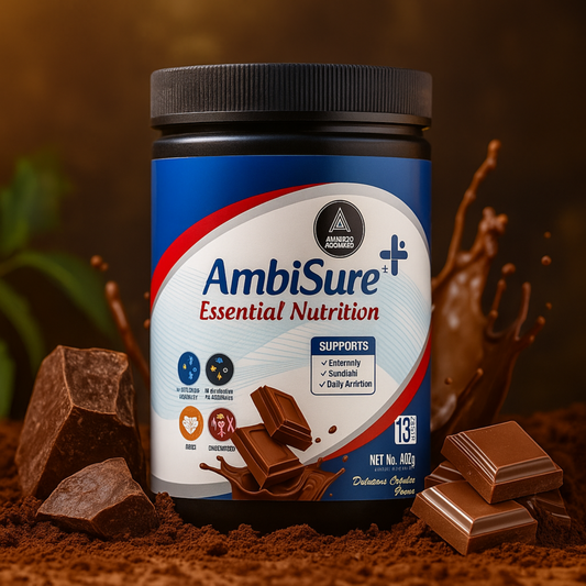 "Ambisure Plus Essential Nutrition – 200g Chocolate Flavored Health Supplement | Daily Protein & Immunity Booster with No Added Sugar | Ambitio Wellness | Available at Cosmohit Ayurved"