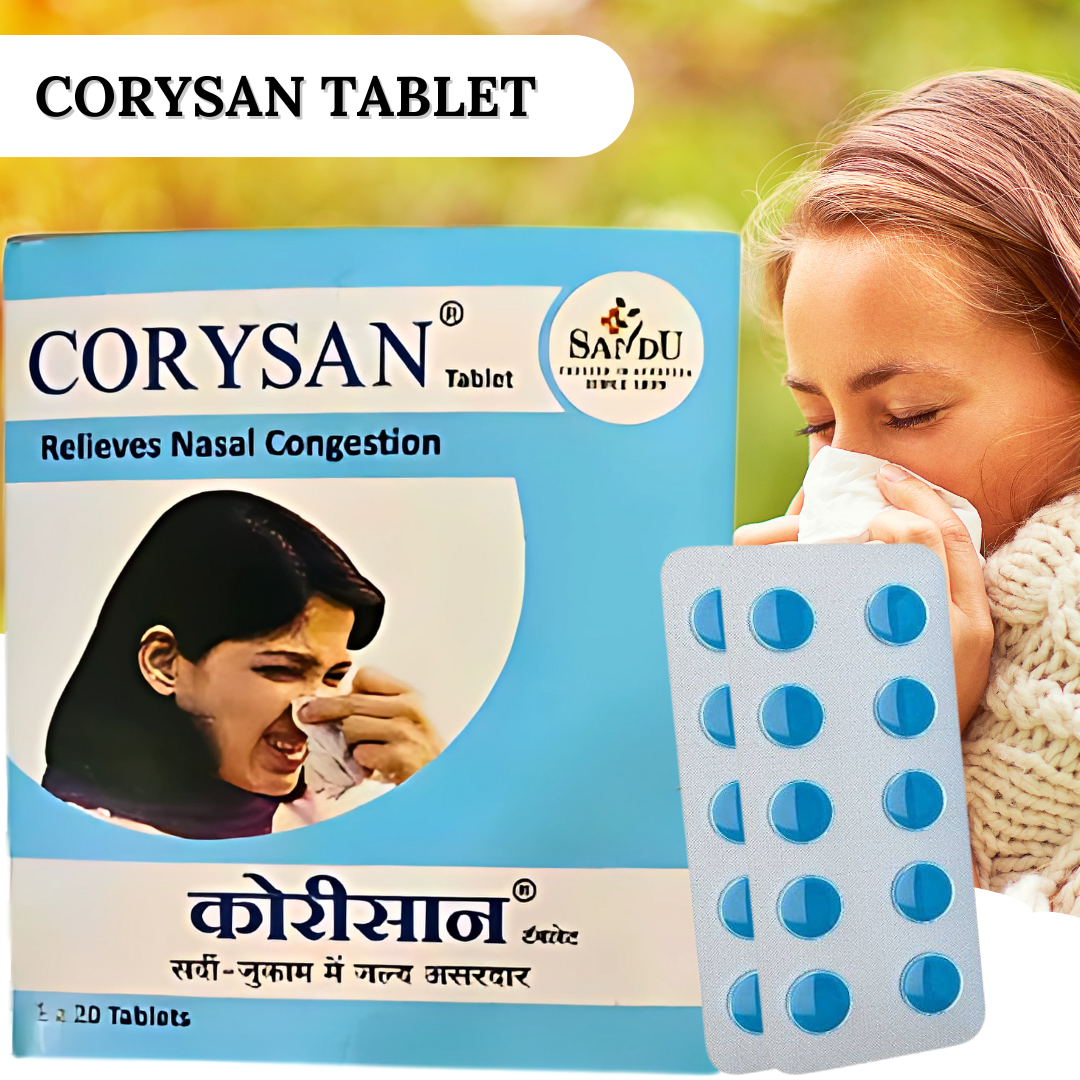 CORYSAN TABLETS ( HELPS IN RUNNY NOSE AND EXCESSIVE SNEEZING ) ( BY SANDU BROTHERS , 20 TABLETS )-Cosmoहित Ayurved
