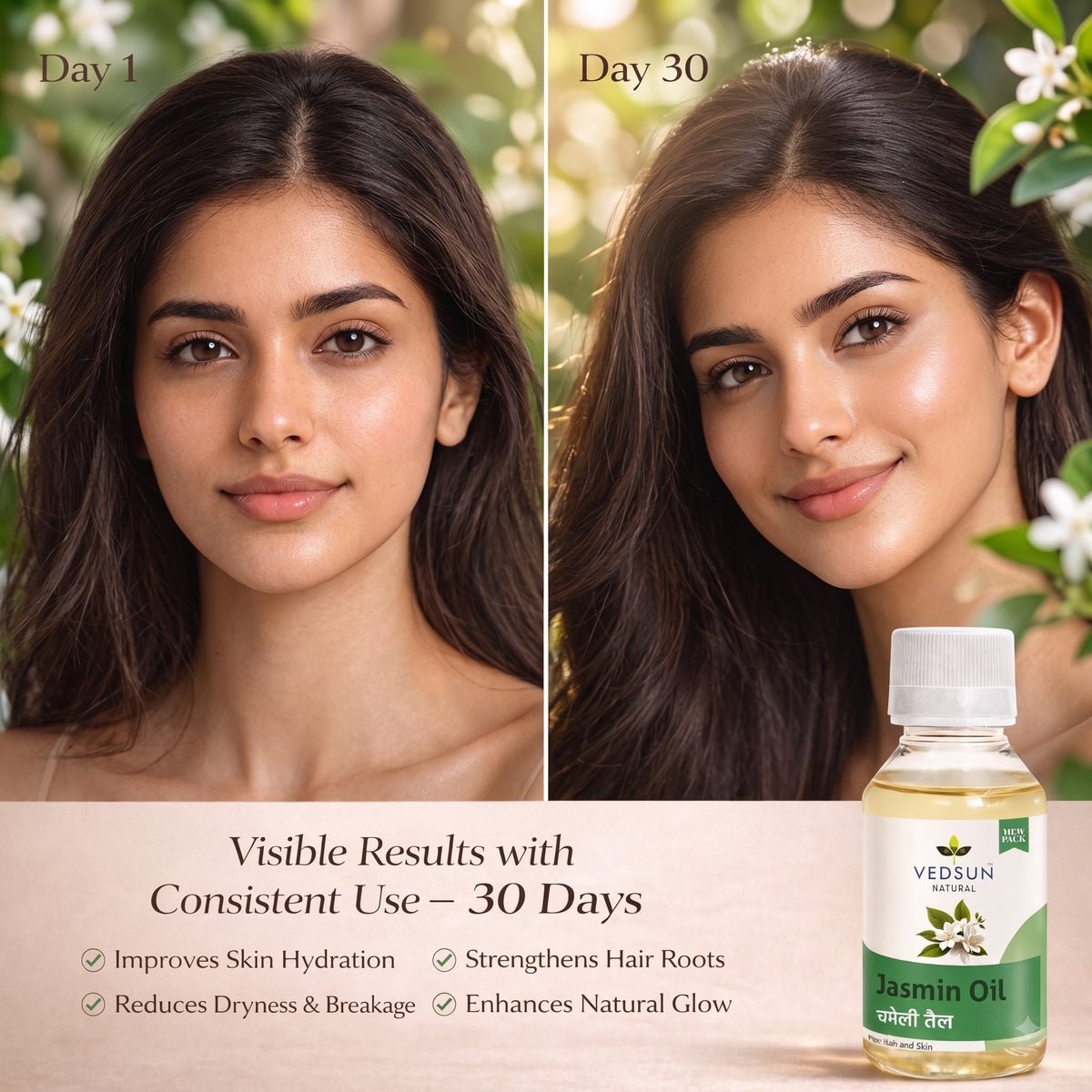 Natural Jasmine Essential Oil | Pure Floral Oil for Skin Glow & Relaxation 50ml (by vedsun)