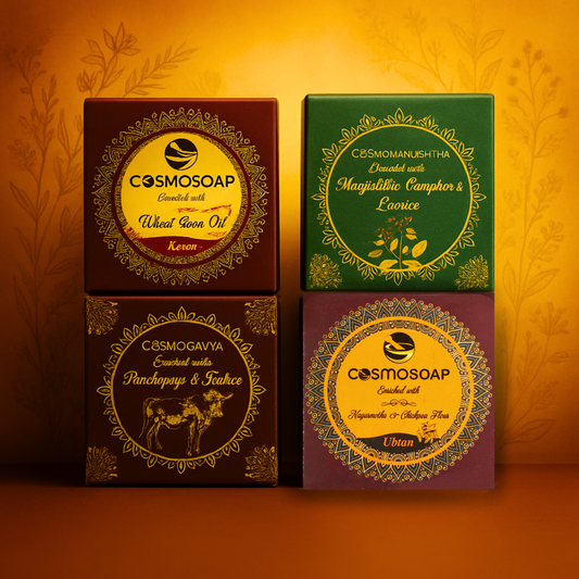"Cosmohit Ayurved Premium Ayurvedic Soap Combo – Pack of 4 Herbal Soaps (Kesar, Gavya, Manjishtha, Ubtan) with 76% TFM – Skin Brightening, Detox & Nourishment | 125g Each | Buy at Cosmohit Ayurved"