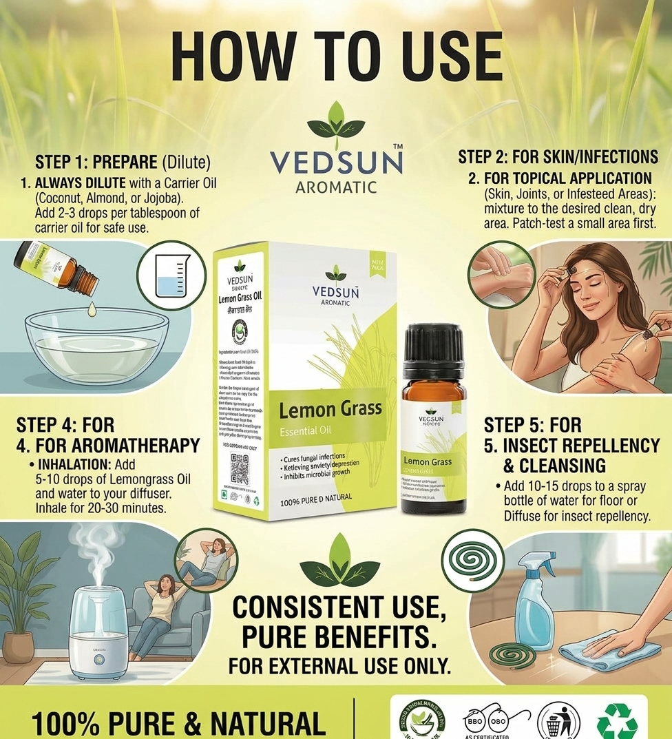 Natural Lemon grass Essential Oil | Pure & Refreshing 10ml (by vedsun)