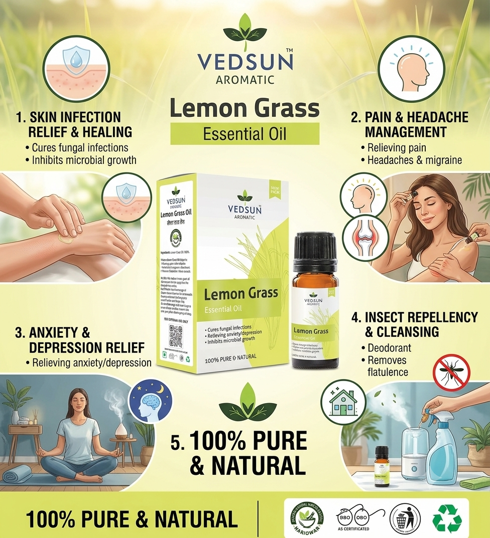 Natural Lemon grass Essential Oil | Pure & Refreshing 10ml (by vedsun)