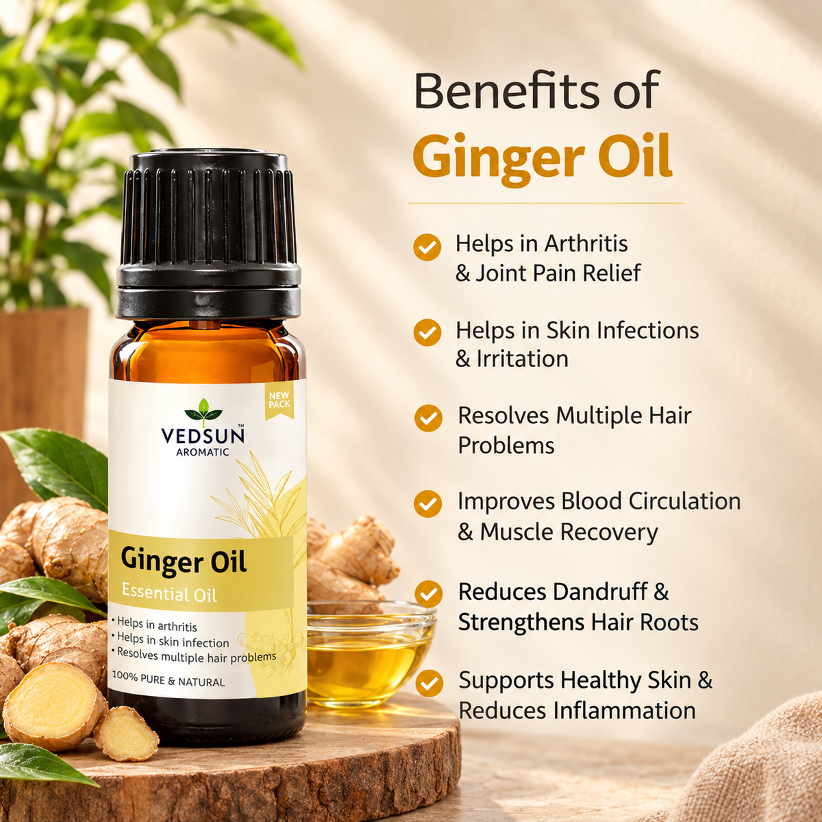 Vedsun Natural Ginger Essential Oil | Pure & Powerful | 10ml