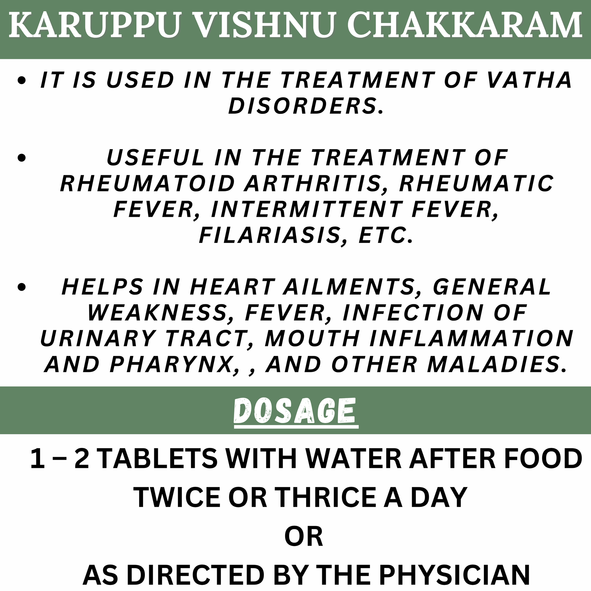 "Ayurvedic treatment for Vata-related disorders, joint pain, rheumatoid arthritis, and fever – SKM Karuppu Vishnu Chakkaram Tablets"