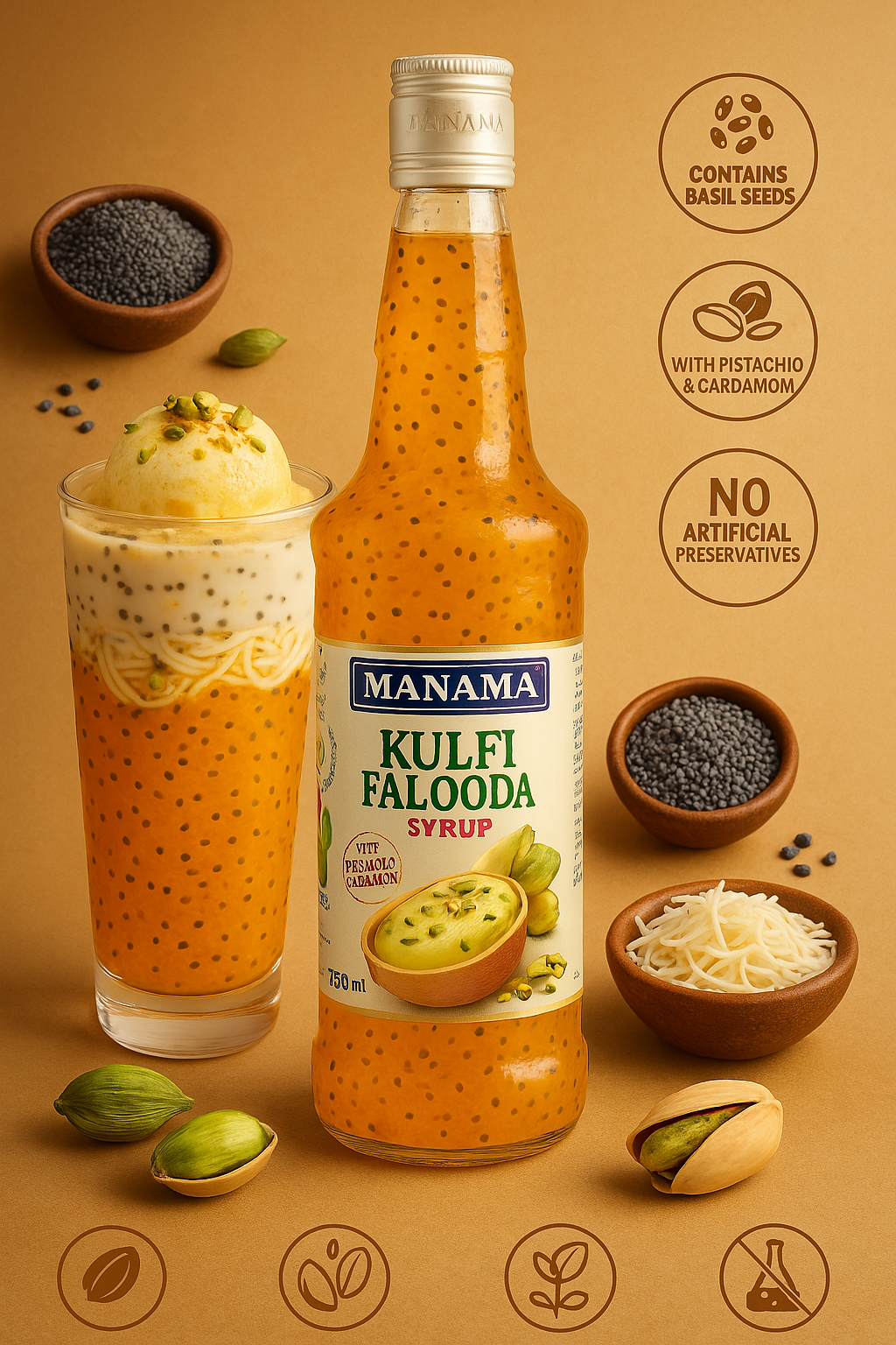 "Enjoy Delicious Kulfi Falooda with Manama Syrup – Infused with Saffron Flavor, Basil Seeds & Vermicelli for Refreshing Indian Dessert Experience | Available at Cosmohit Ayurved"