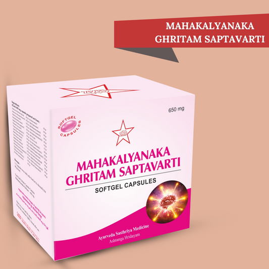 "Mahakalyanaka Ghritam Saptavarti Softgel Capsules by SKM – 650mg Ayurvedic Mental Wellness Support in 10x10 Blisters"