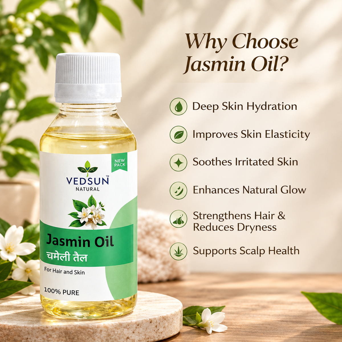 Natural Jasmine Essential Oil | Pure Floral Oil for Skin Glow & Relaxation 50ml (by vedsun)