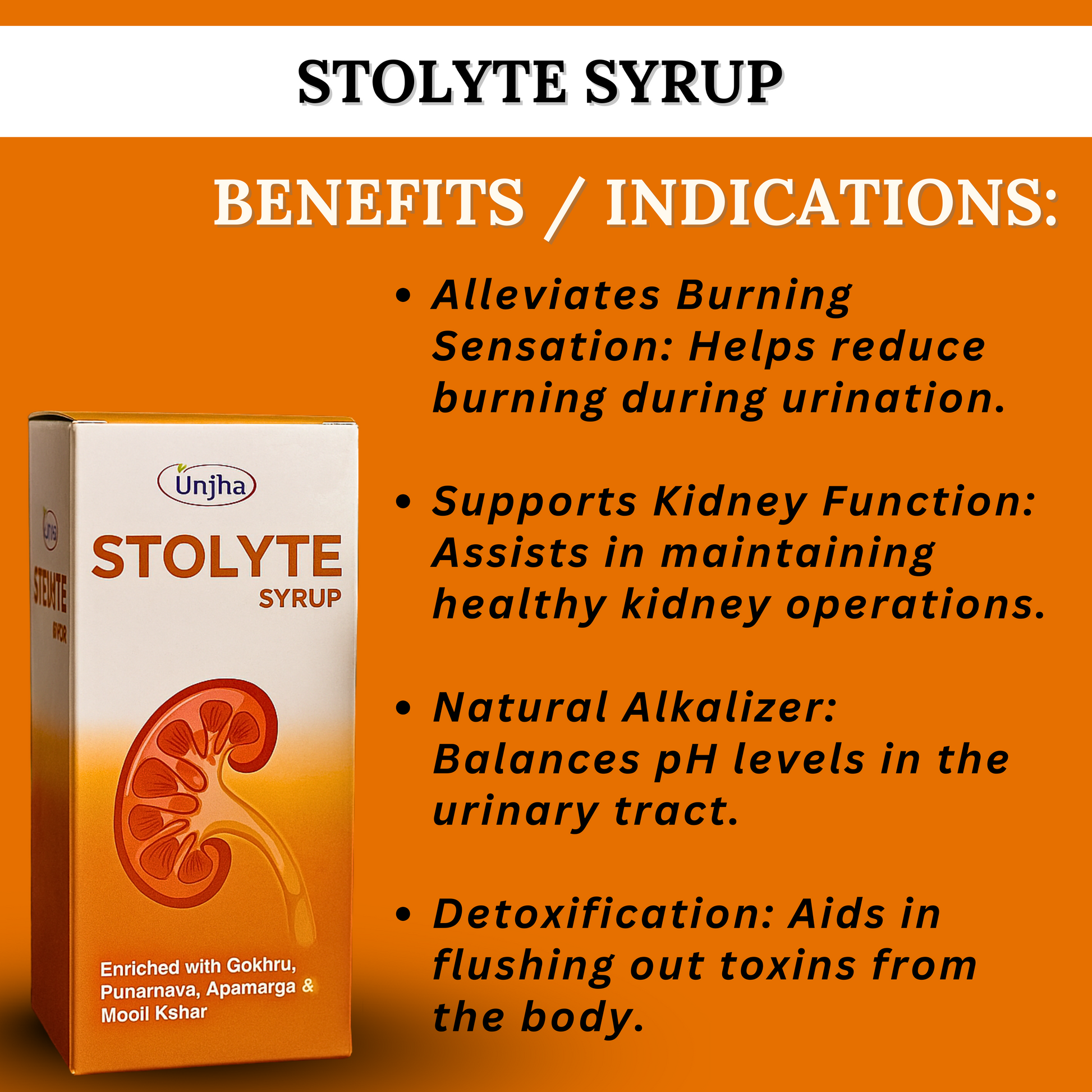 "Stolyte Syrup by Unjha Pharmacy – Herbal Formula for Urinary Tract Cleanse, Kidney Support & Alkaline Balance – 200ml with Dosage Info | Shop Ayurvedic UTI Relief at Cosmohit Ayurved"