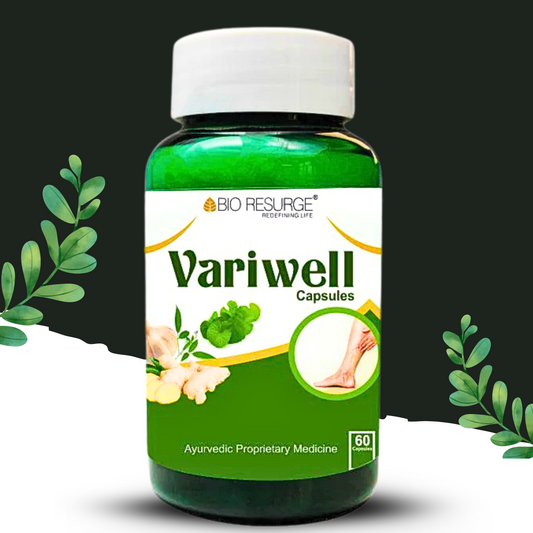 "Variwell Capsules by Bio Resurge – 60 Ayurvedic Capsules for Varicose Veins, Leg Swelling, and Pain Relief – Herbal Remedy to Improve Blood Circulation | Available at Cosmohit Ayurved"