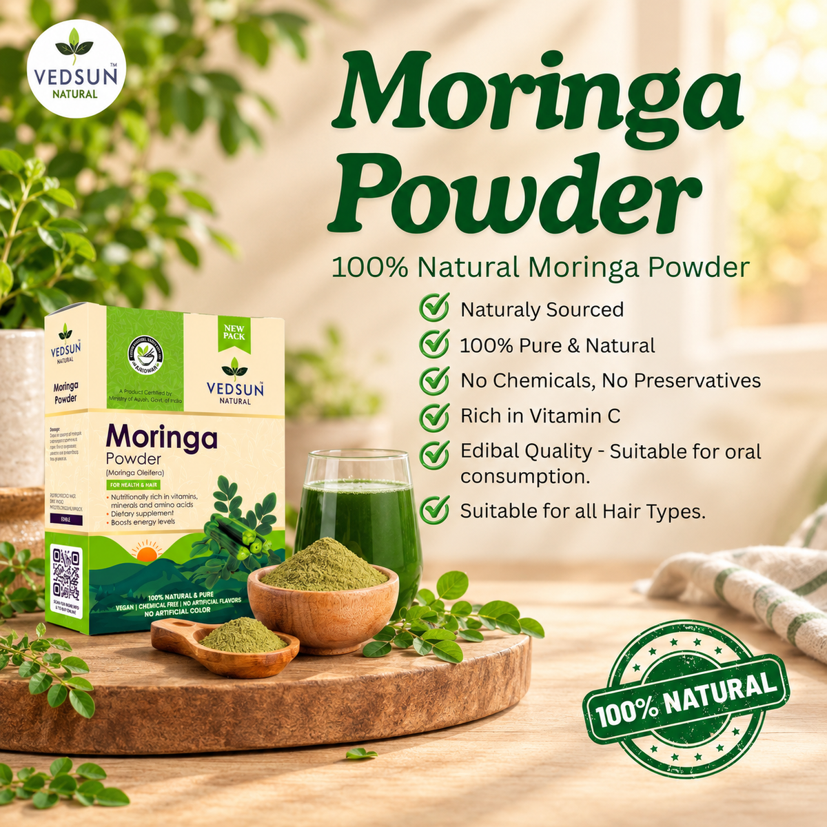 Vedsun Pure Moringa Powder | Natural Leaf Powder for Health & Wellness 100g