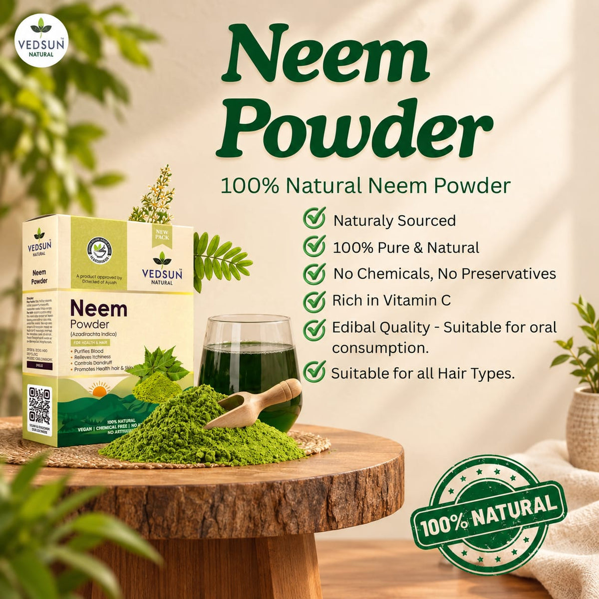 Pure Neem Leaf Powder for Hair & Skin | Natural Dandruff Care 100gm
