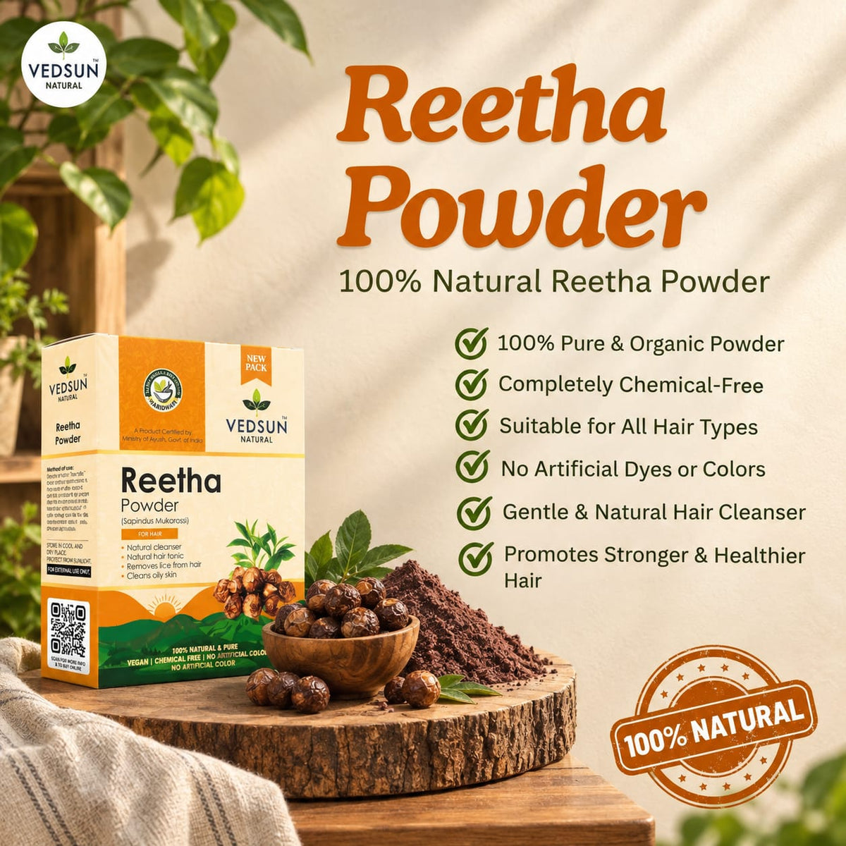 Natural Reetha Powder | Pure Soapnut for Hair & Scalp Care 100gm