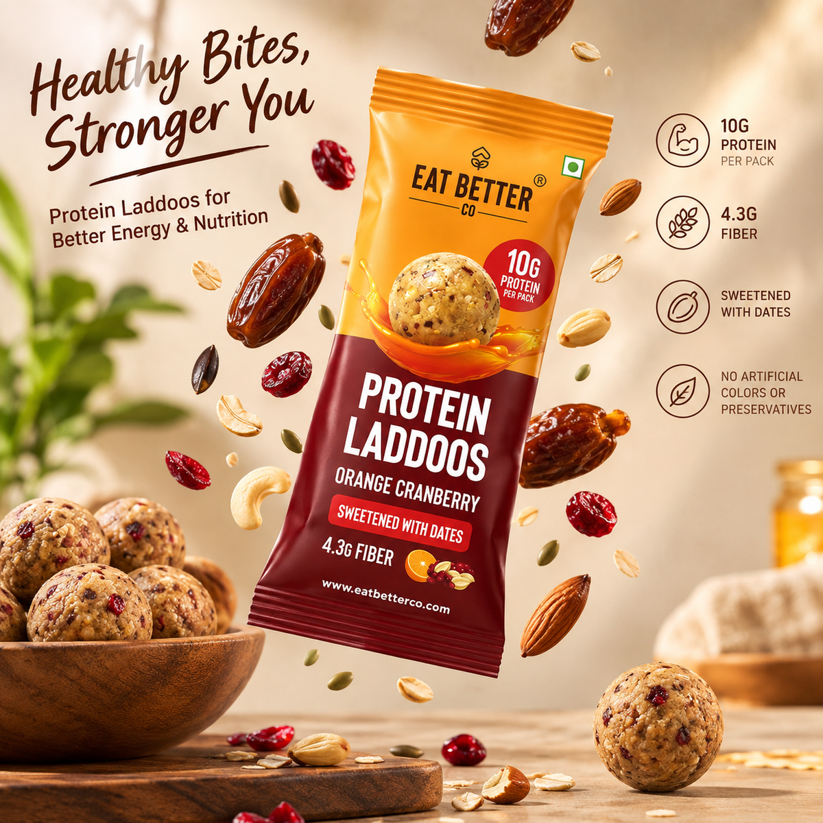 Eat Better Orange Cranberry Protein Laddoos | High-Protein Energy Bites 40GM
