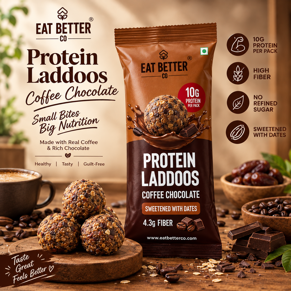 Eat Better Coffe Chocolate Protein Laddoos | High-Protein Energy Bites 40GM