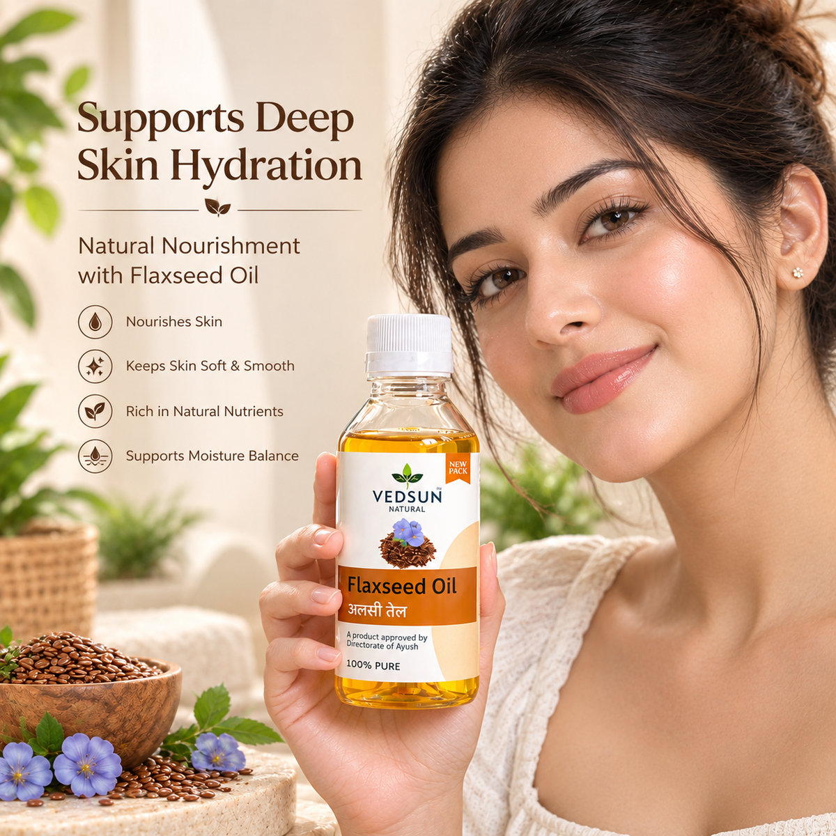 Vedsun Flaxseed Oil – 100% Pure Natural Oil for Hair, Skin & Wellness 100ml