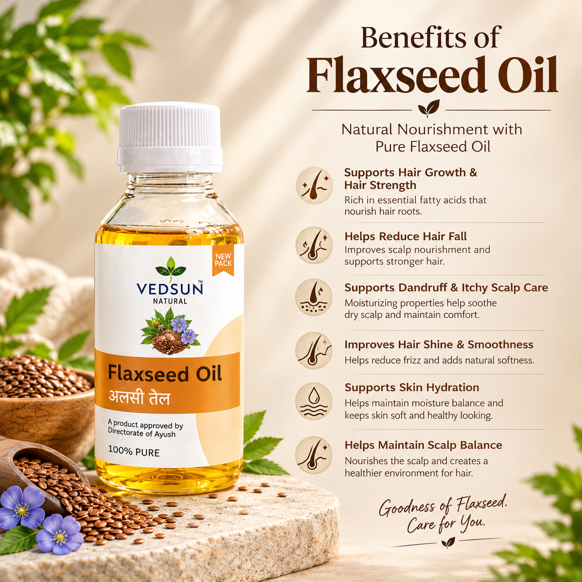 Vedsun Flaxseed Oil – 100% Pure Natural Oil for Hair, Skin & Wellness 100ml