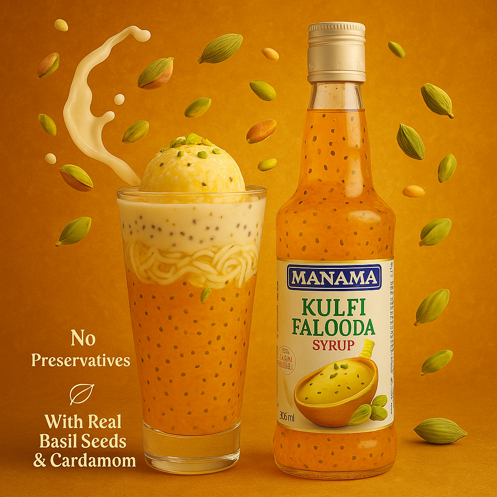 "Kulfi Falooda Syrup by Manama – Traditional Saffron Kulfi Flavored Syrup with Basil Seeds & Vermicelli | 750ml Bottle | Buy Online at Cosmohit Ayurved"
