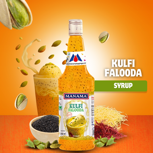 "Kulfi Falooda Syrup by Manama – Traditional Saffron Kulfi Flavored Syrup with Basil Seeds & Vermicelli | 750ml Bottle | Buy Online at Cosmohit Ayurved"