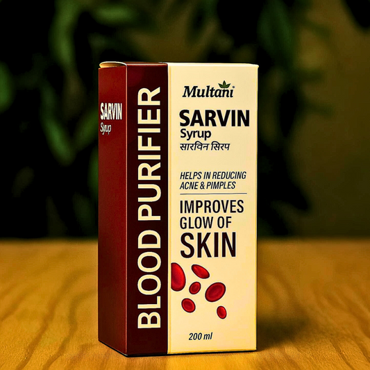 "Sarvin Syrup by Multani – 200ml Ayurvedic Blood Purifier for Glowing Skin, Acne Control & Natural Detox – Herbal Formula for Skin Health | Available at Cosmohit Ayurved"