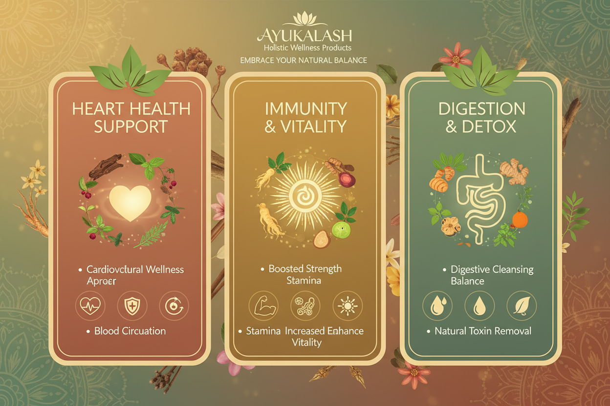 Uses of Ayukalash Products

Heart Health Support:
Helps maintain cardiovascular wellness by regulating cholesterol and triglyceride levels, improving blood circulation, strengthening heart muscles, and protecting against arterial plaque and oxidative stress.

Boosts Immunity &amp; Vitality:
Products like Ayukalash Immuprash and wellness supplements help strengthen the immune system, increase stamina, improve energy levels, and enhance overall vitality.

Supports Digestion  Detox

