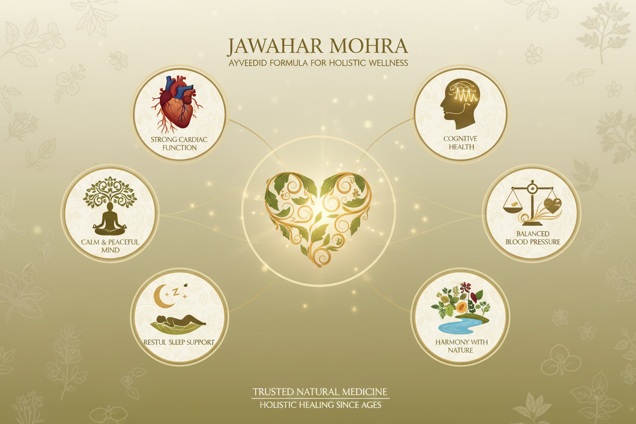 🌿 Uses of Jawahar Mohra

Helps strengthen the heart muscles and supports overall cardiac health

Used traditionally for controlling palpitations, arrhythmia & tachycardia

Supports emotional stability and helps calm excessive stress

Acts as a natural nervine tonic for the brain and nervous system

Useful in conditions of anxiety, panic attacks and restlessness

Helps improve mental clarity, memory and concentration

Supports healthy blood pressure balance

Promotes sound sleep and can help manage insomnia